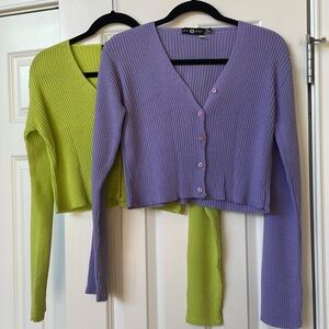 Green and Purple Button Up Cropped Cardigans